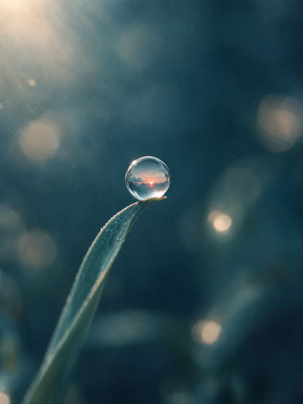 Gota de orvalho na ponta de uma folha ao amanhecer, refletindo um nascer do sol coral
